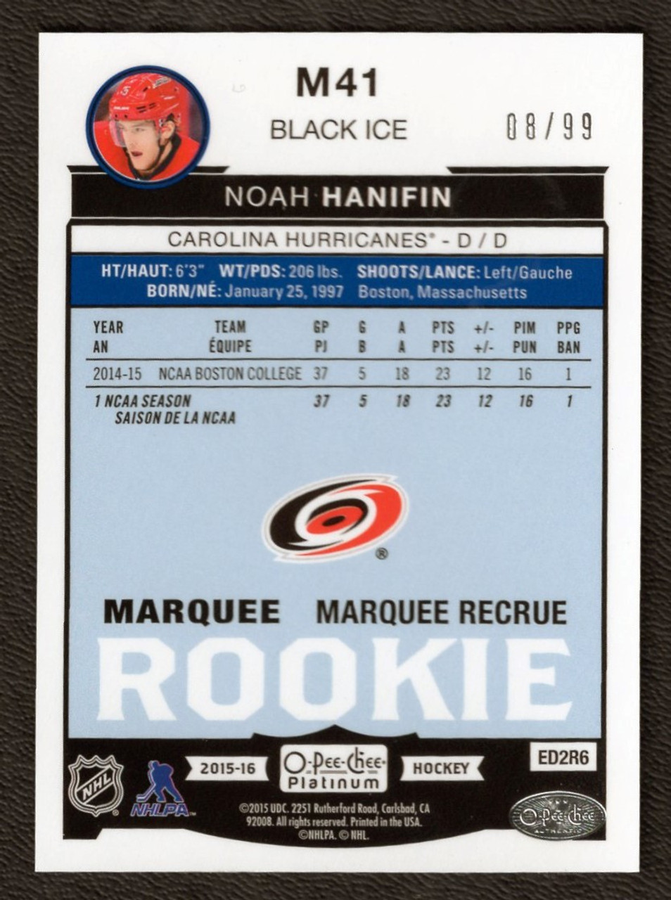 2015-16 Upper Deck OPC Platinum #M41 Noah Hanifin Black Ice 8/99 Marquee Rookie