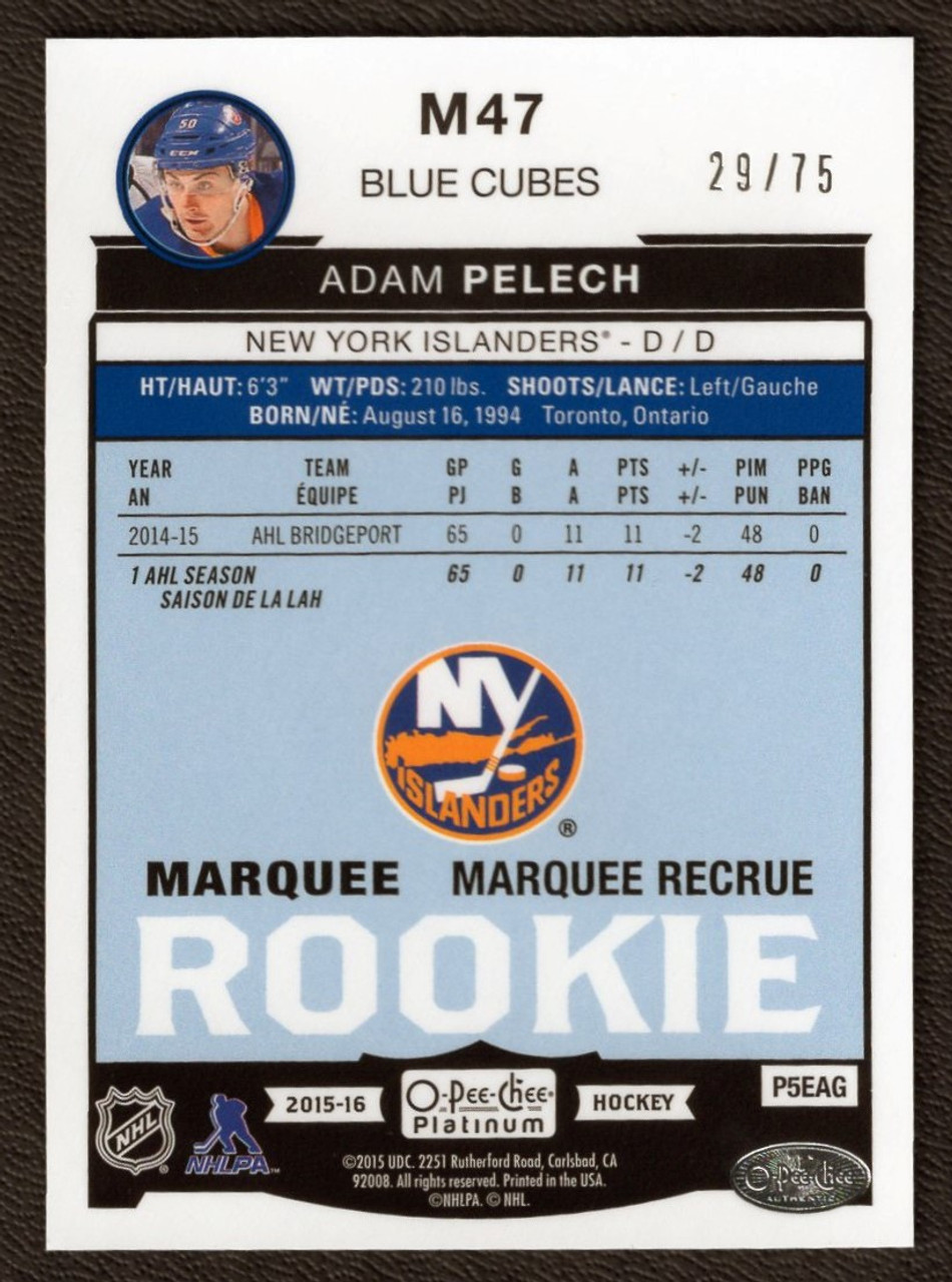 2015-16 Upper Deck OPC Platinum #M47 Adam Pelech 29/75 Blue Cubes Marquee Rookie