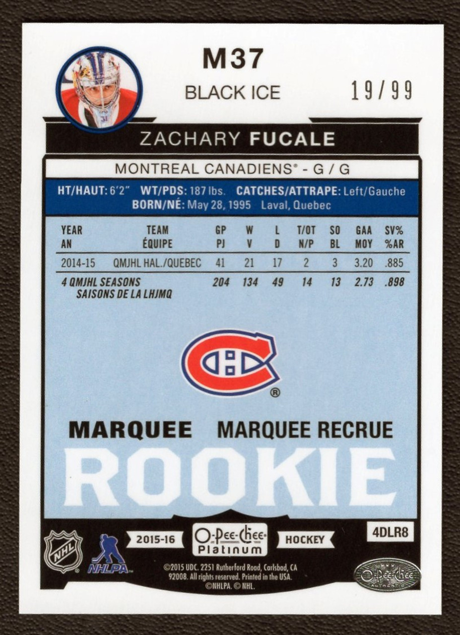 2015-16 Upper Deck OPC Platinum #M37 Zachary Fucale 19/99 Black Ice Marquee Rookie