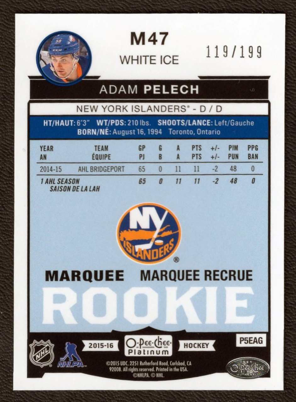 2015-16 Upper Deck OPC Platinum #M47 Adam Pelech 119/199 White Ice Marquee Rookie