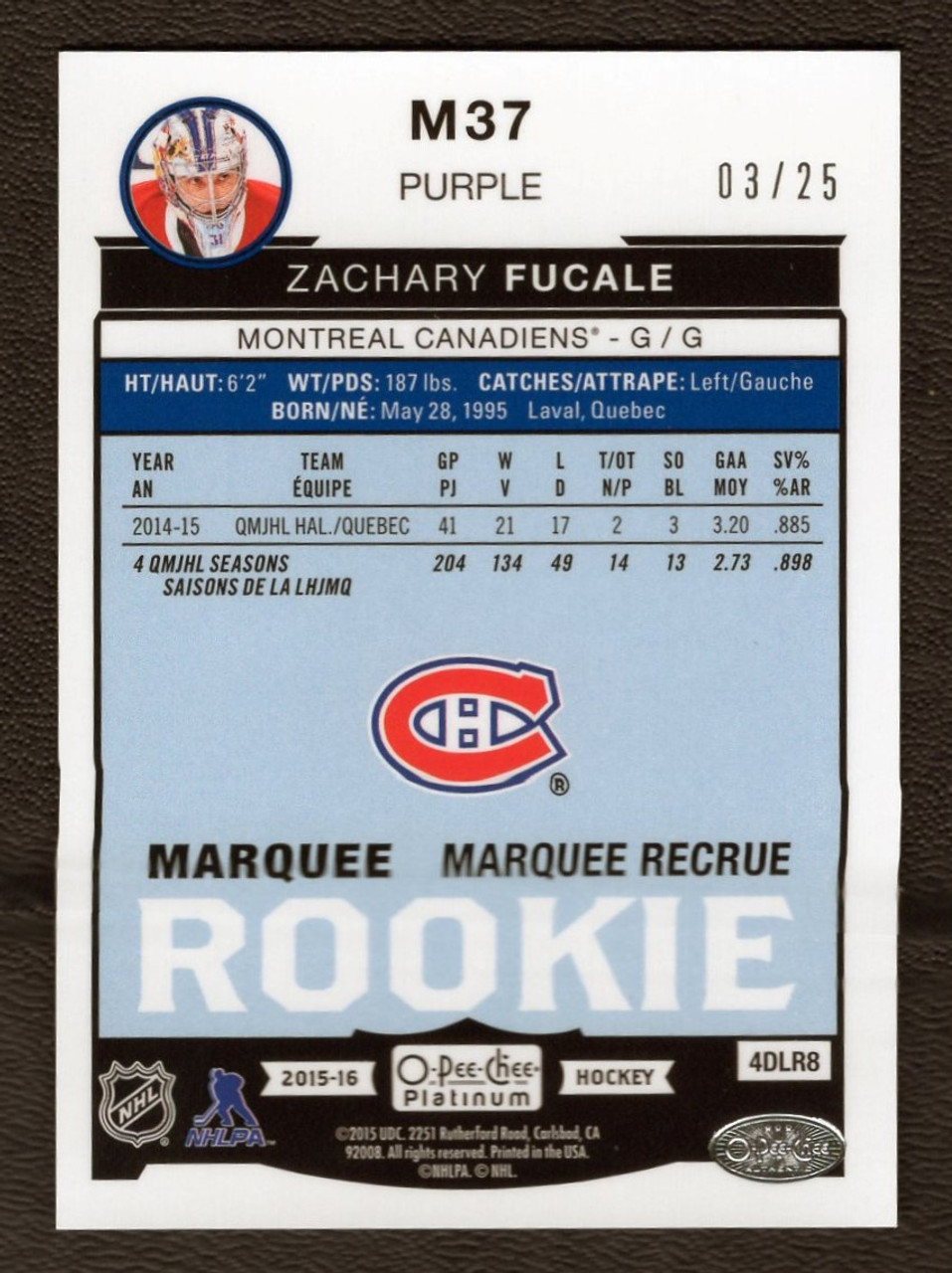 2015-16 Upper Deck OPC Platinum #M37 Zachary Fucale 03/25 Purple Marquee Rookie