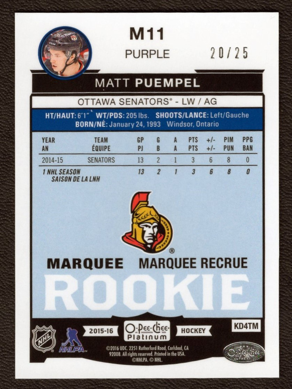 2015-16 Upper Deck OPC Platinum #M11 Matt Puempel Purple 20/25 Marquee Rookie