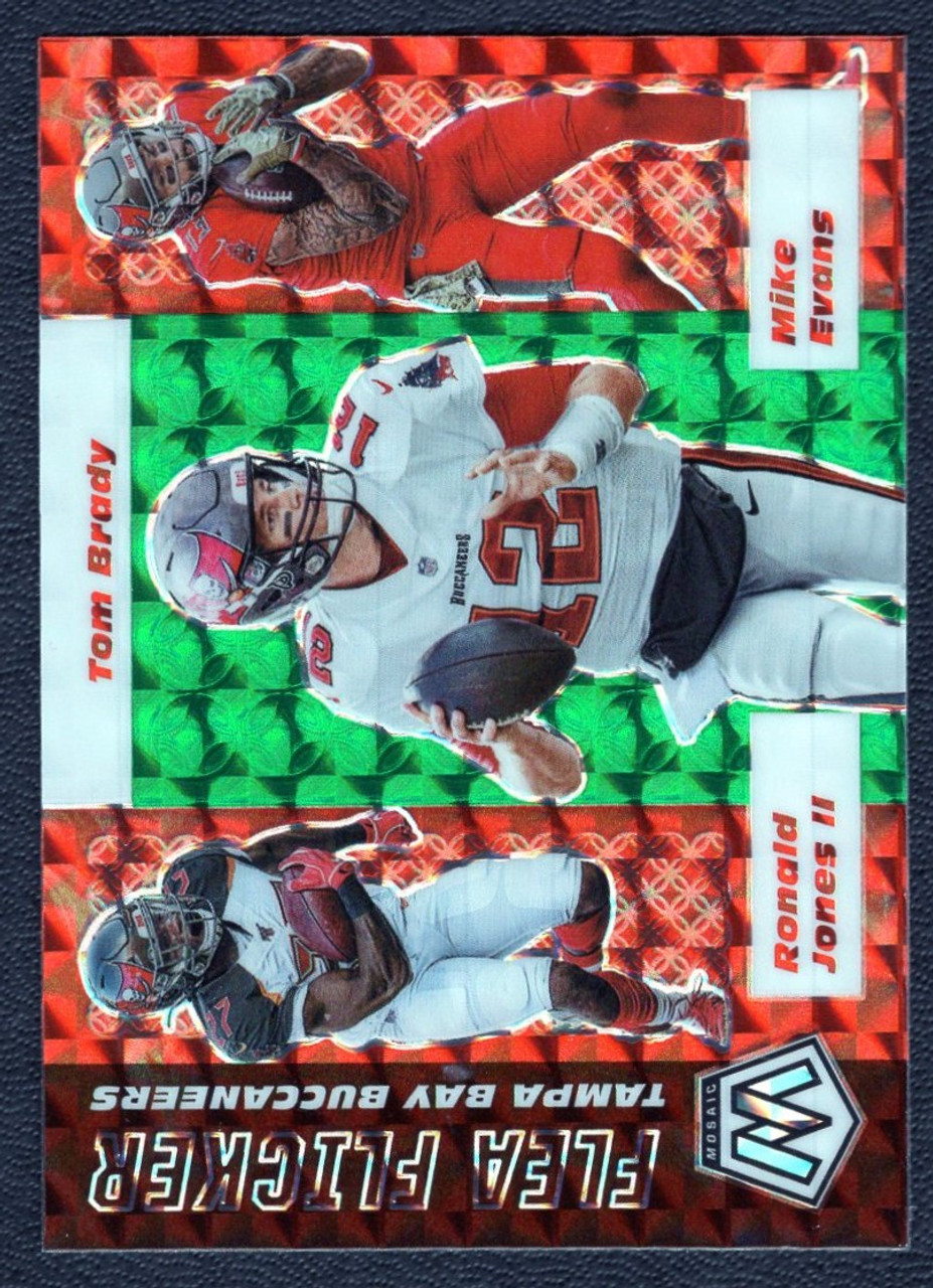 2020 Panini Mosaic #FF-13 Tom Brady/Ronald Jones/Mike Evans Green Mosaic Flea Flicker