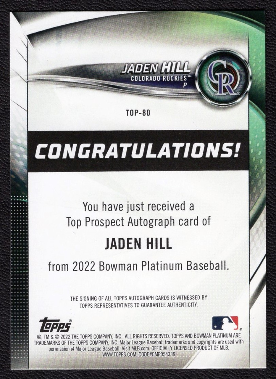 2022 Bowman Platinum #TOP-80 Jaden Hill Autograph