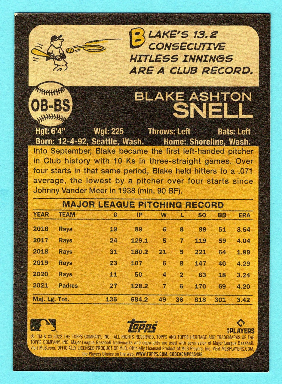2022 Topps Heritage High Number #OB-BS Blake Snell Oversized 1973 Topps  Base - The Baseball Card King, Inc.