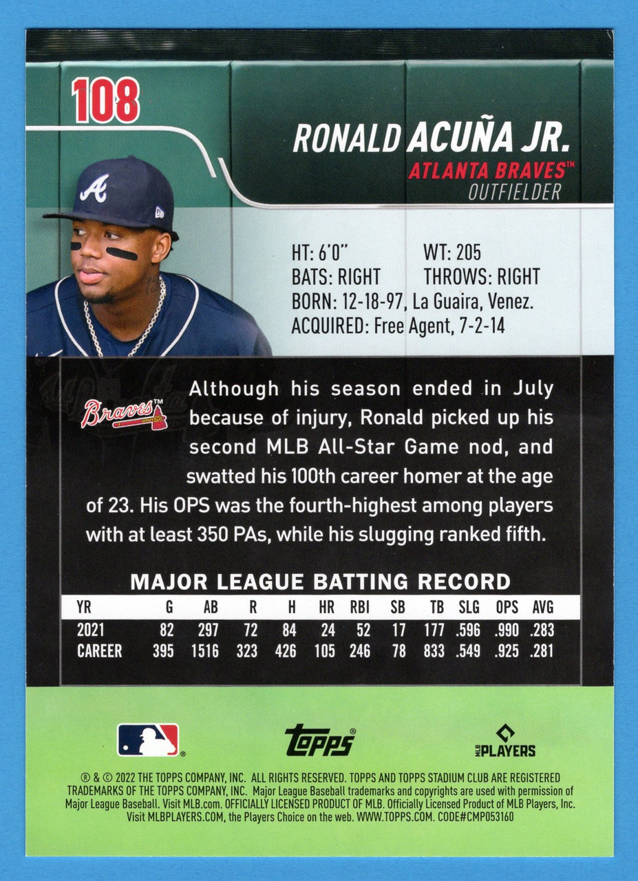 2022 Topps Stadium Club #108 Ronald Acuna Jr. Oversized Base Topper