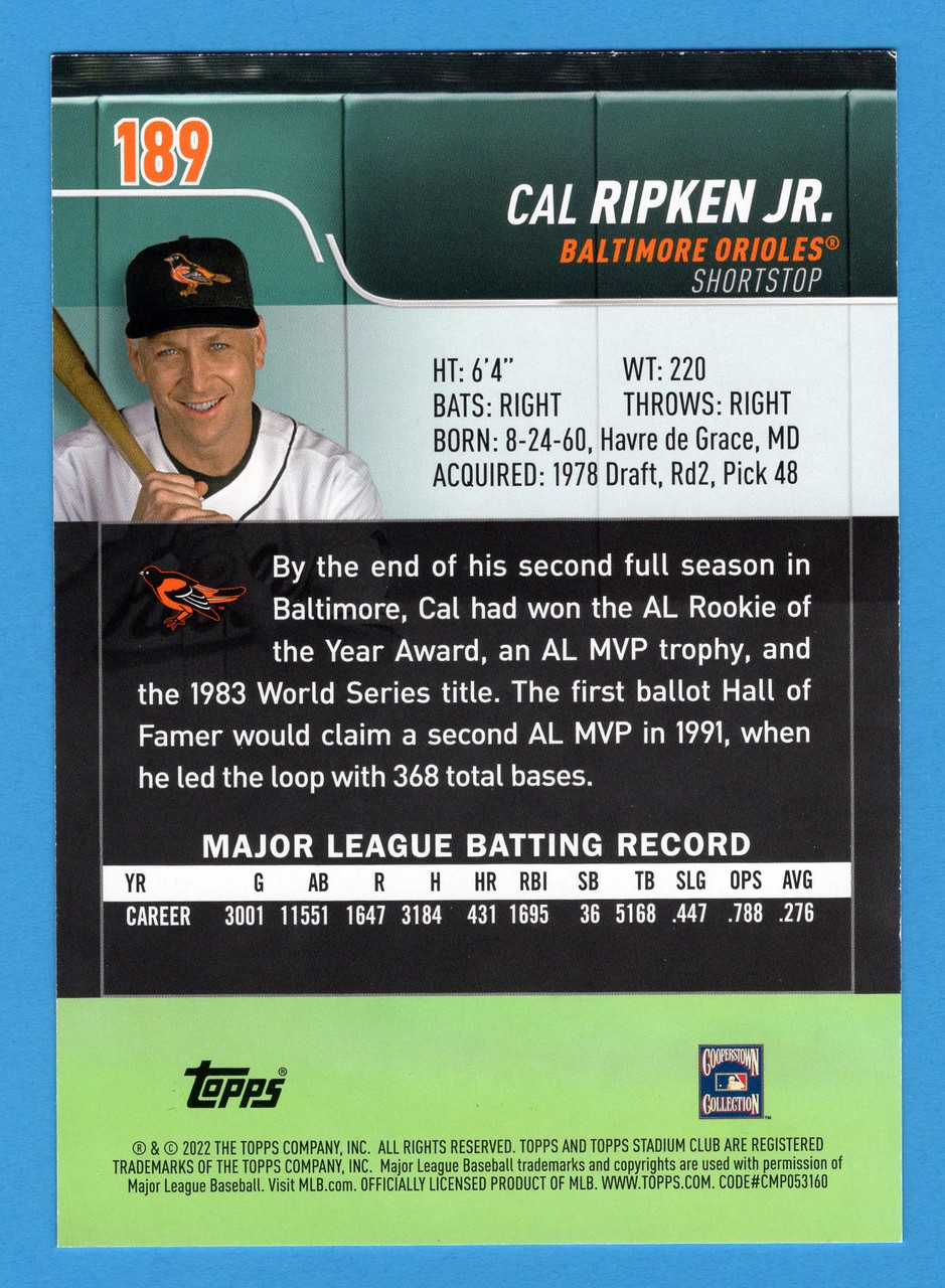 2022 Topps Stadium Club #189 Cal Ripken Jr. Oversized Base Topper - The Baseball  Card King, Inc.