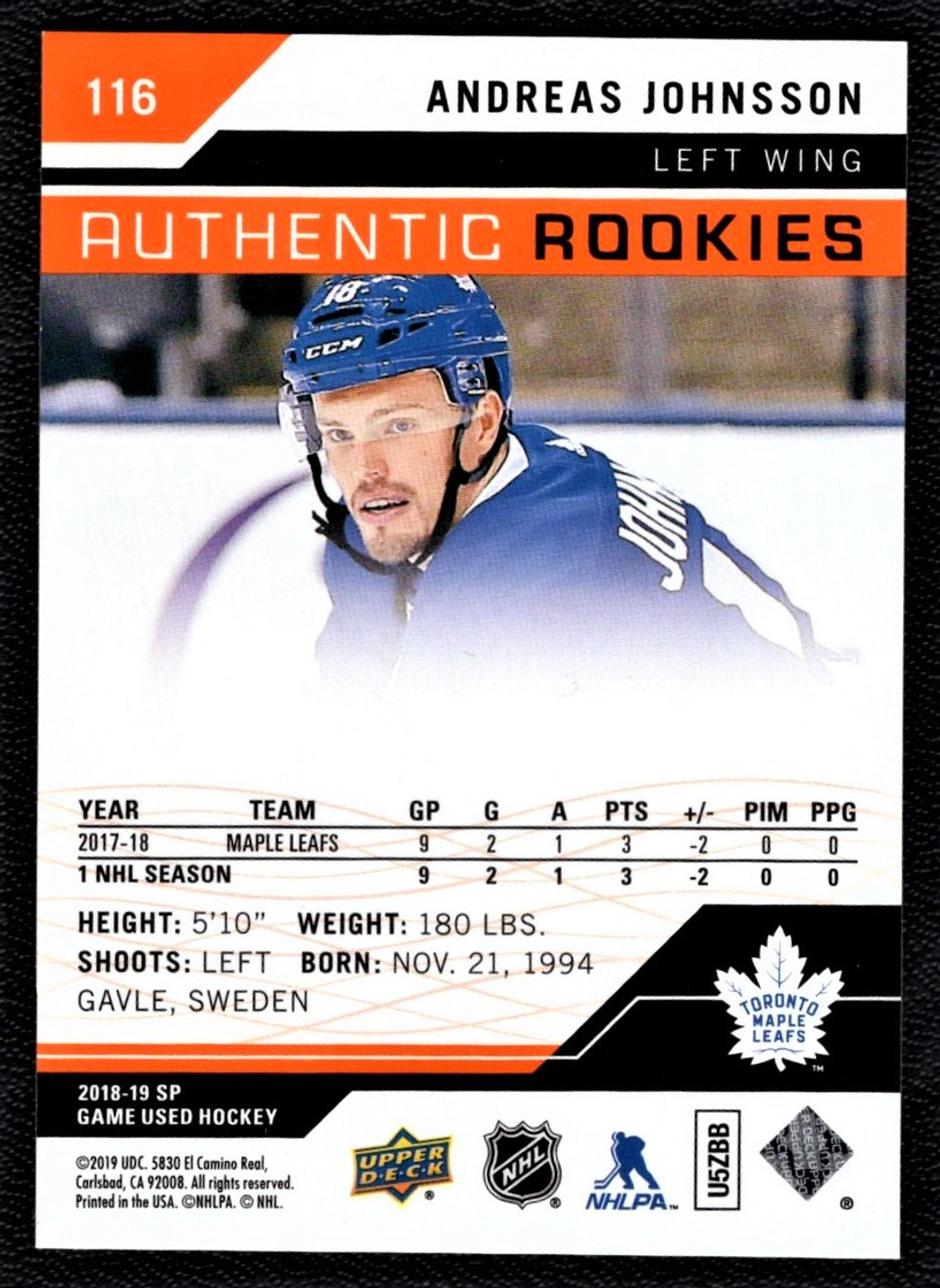 2018-19 Upper Deck SP Game Used #116 Andreas Johnsson Authentic Rookies Orange 038/113