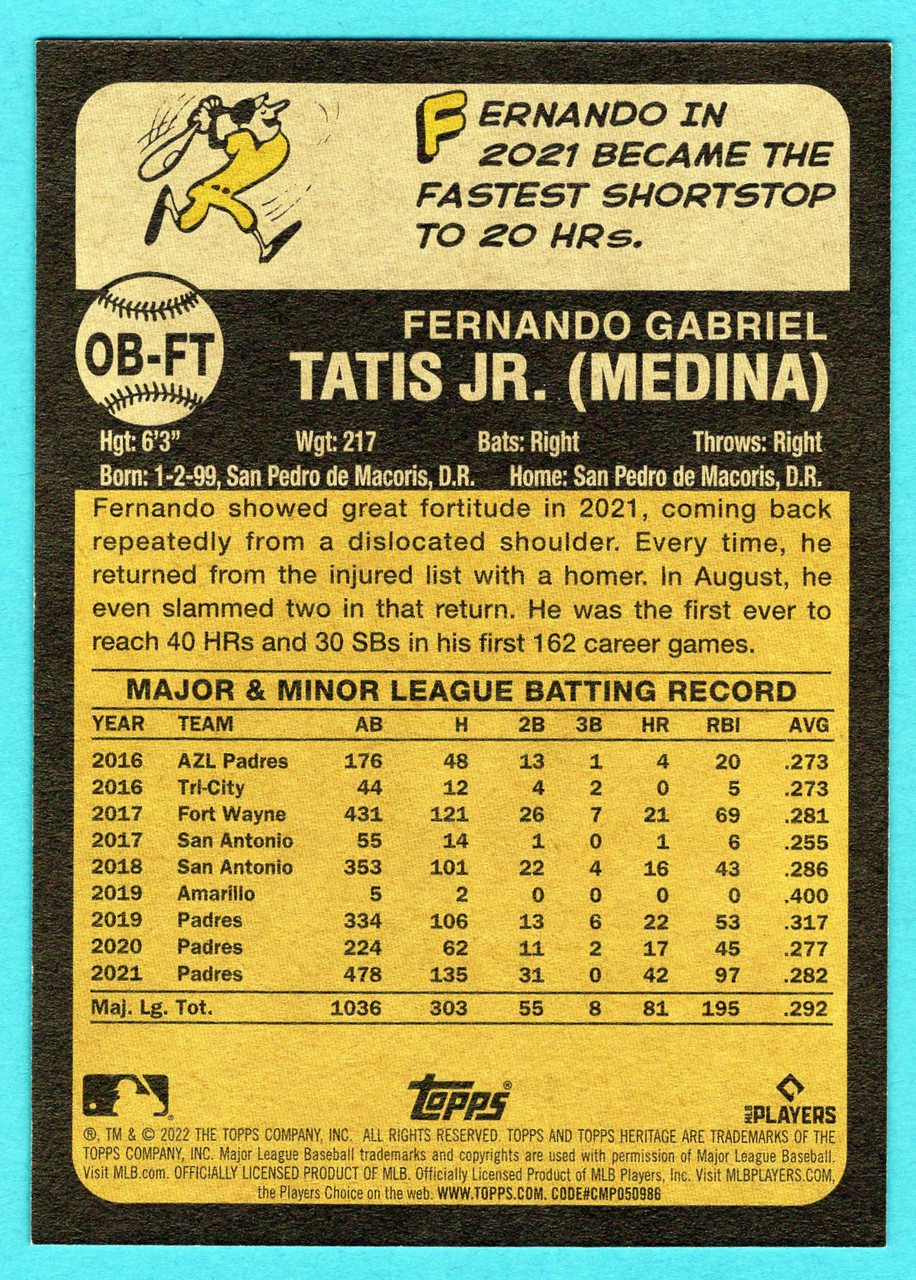 2022 Topps Heritage #OB-FT Fernando Tatis Jr. Oversized Base 1973 Topps