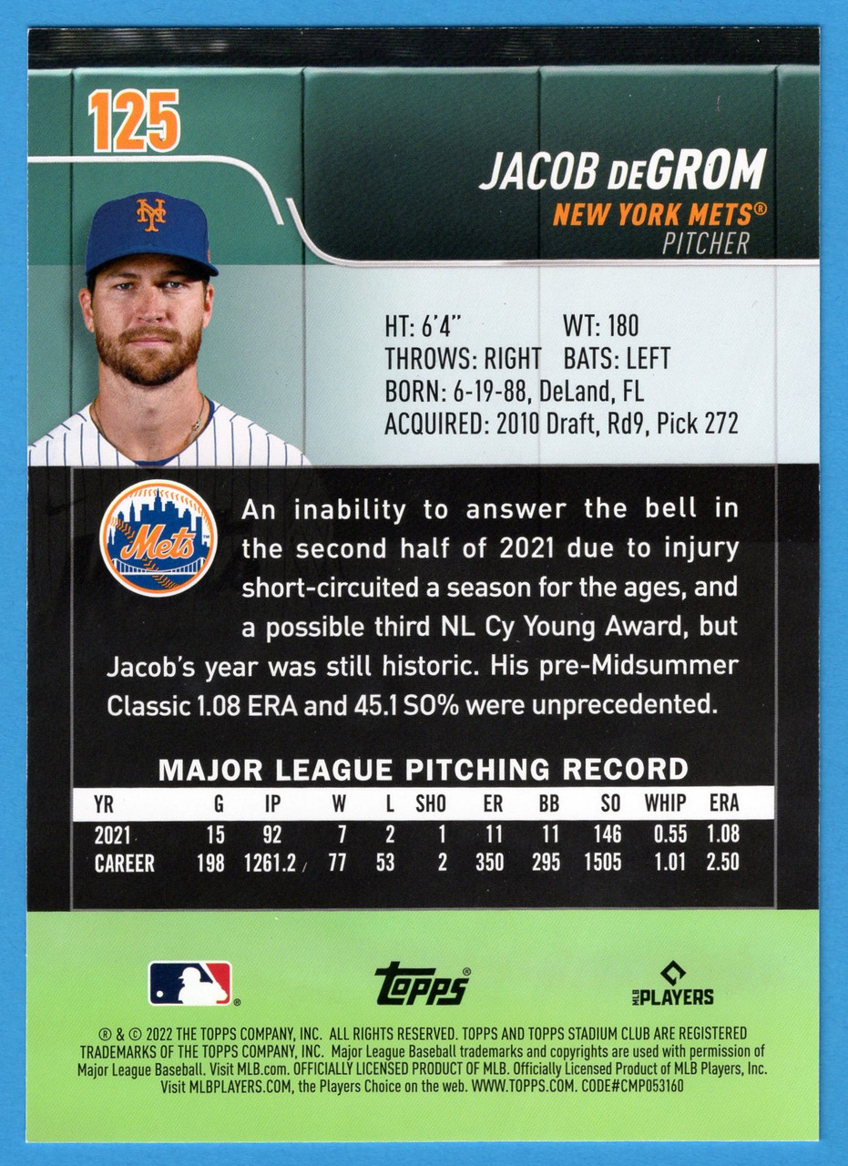 2022 Topps Stadium Club #125 Jacob DeGrom Oversized Base Topper (#2)