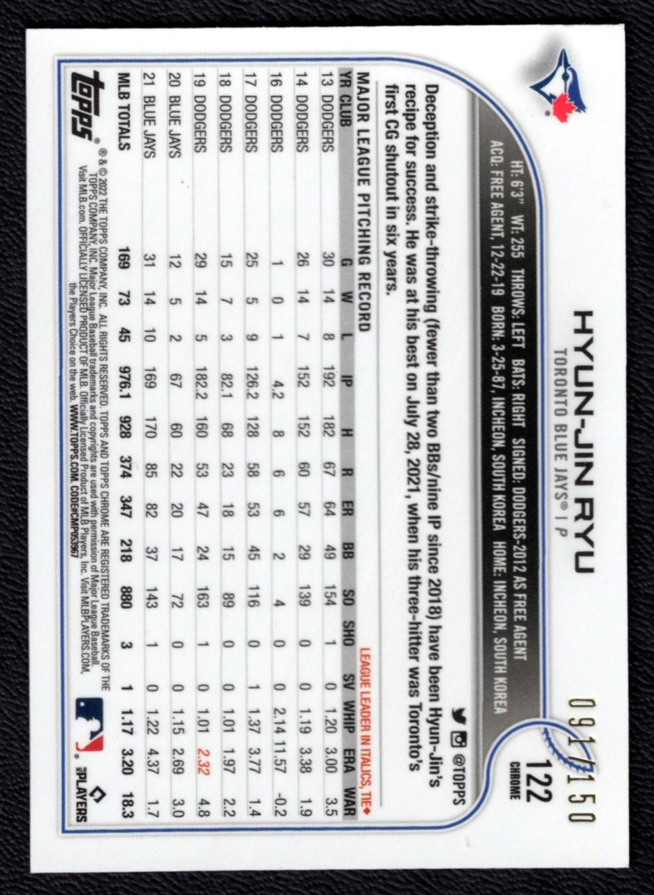 2020 Topps Chrome #122 Hyun-Jin Ryu Blue Refractor 091/150