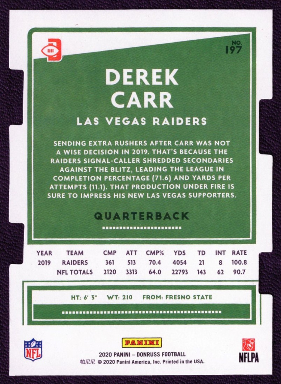 2020 Panini Donruss #197 Derek Carr Gold Press Proof Die Cut 15/25