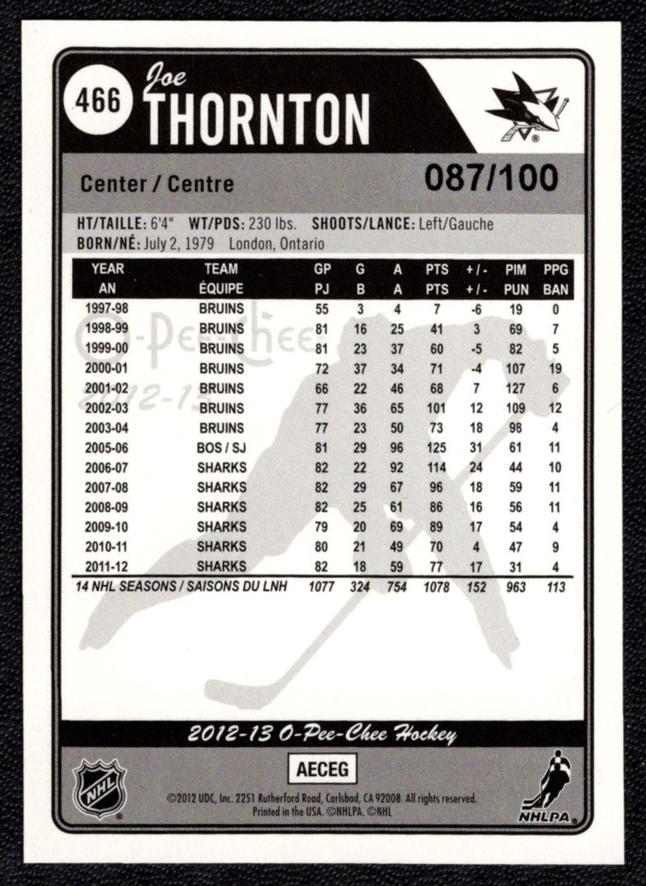 2012-13 Upper Deck O-Pee-Chee #466 Joe Thornton Black Rainbow Parallel 087/100