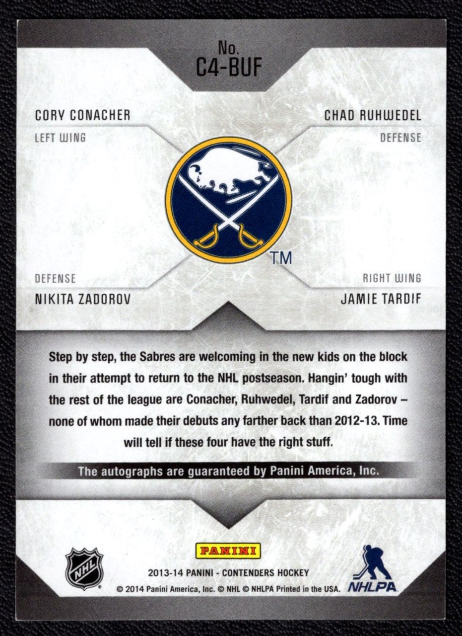 2013-14 Panini Contenders #C-4BUF Cory Conacher / Chad Ruhwedel / Nikita Zadorov / Jamie Tardif Quad Autograph