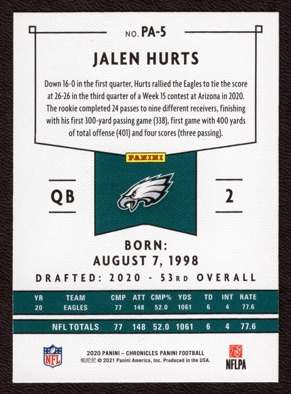 2020 Panini Chronicles #PA-5 Jalen Hurts Panini Rookie/RC (#2)