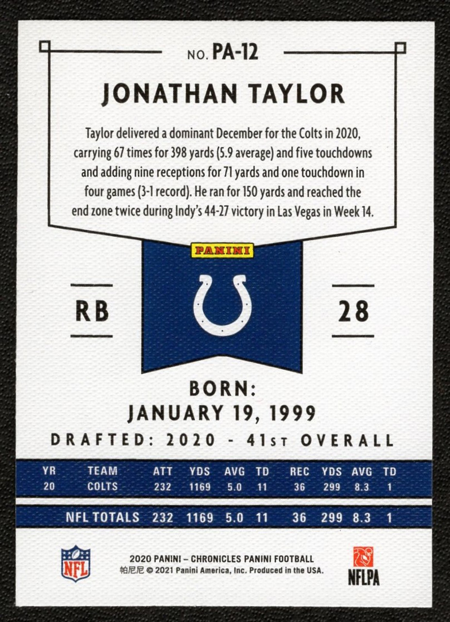 2020 Panini Chronicles #PA-12 Jonathan Taylor Panini Rookie/RC (#2)