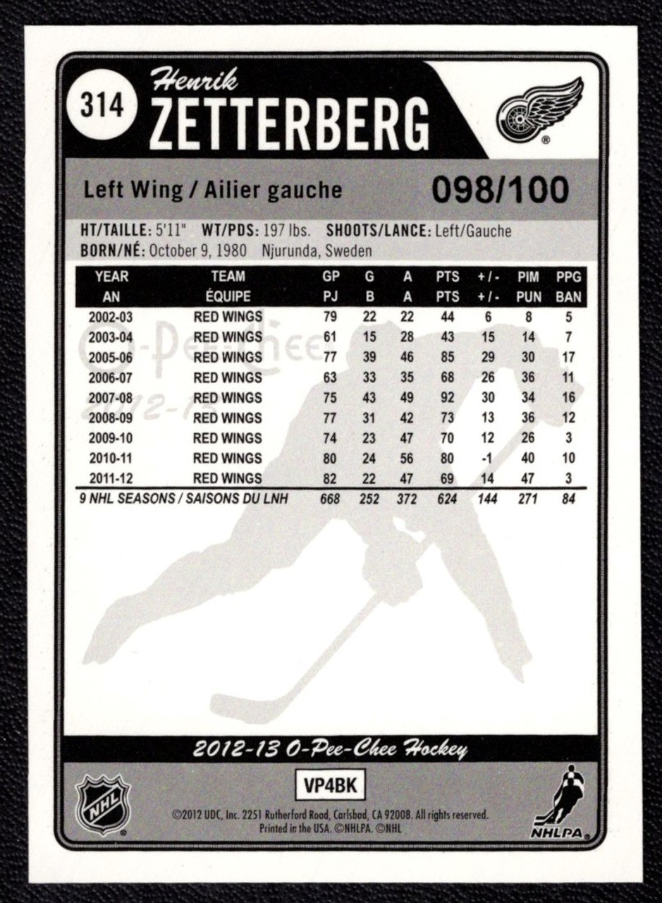 2012-13 Upper Deck O-Pee-Chee #314 Henrik Zetterberg Black Rainbow 098/100