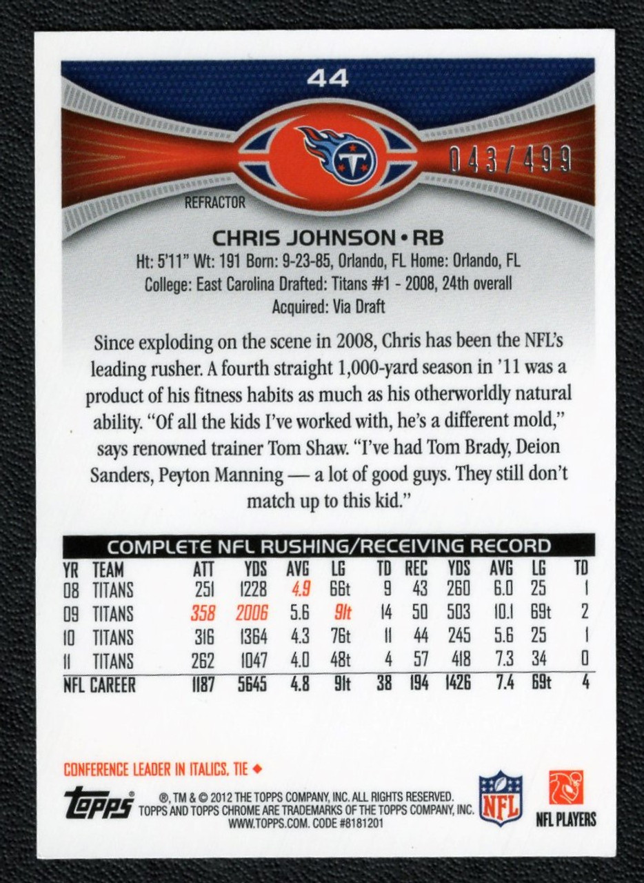 2012 Topps Chrome #44 Chris Johnson Purple Refractor 043/499
