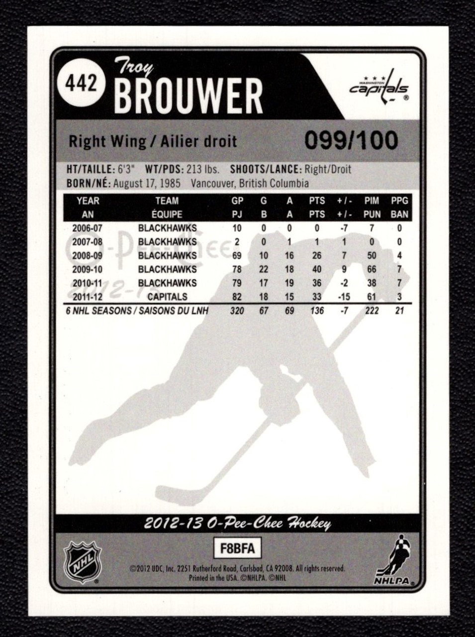 2012-13 Upper Deck O-Pee-Chee #442 Troy Brouwer Black Rainbow Parallel 099/100