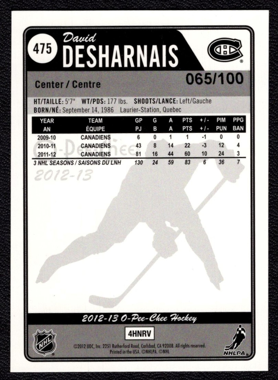 2012-13 Upper Deck O-Pee-Chee #475 David Desharnais Black Rainbow Parallel 065/100