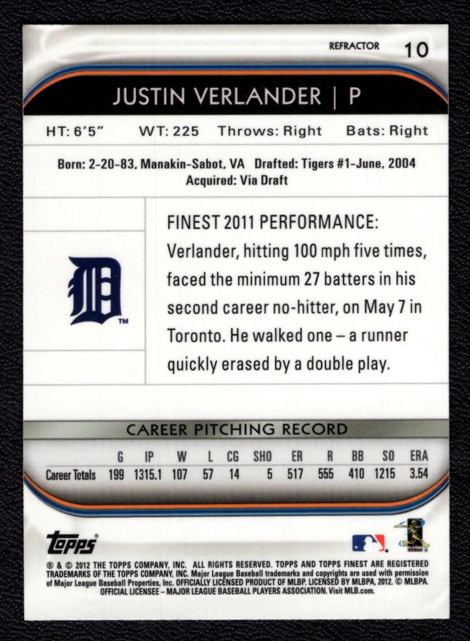 2012 Topps Finest #10 Justin Verlander X-Fractor Refractor