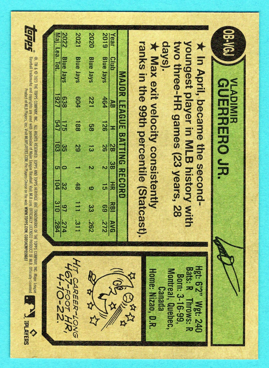 2023 Topps Heritage #OB-VGJ Vladimir Guerrero Jr. Oversized 1974 Topps