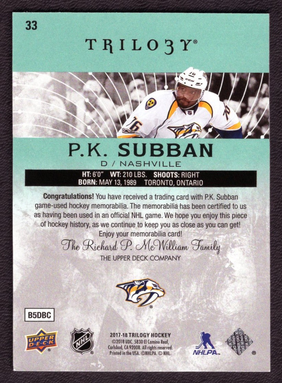 2017-18 Upper Deck Trilogy #33 P.K. Subban Game Used Jersey Relic 442/500