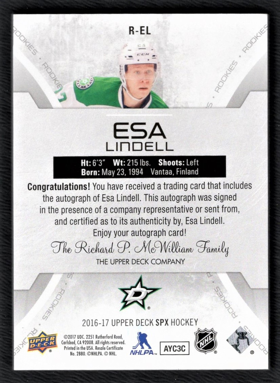 2016-17 Upper Deck SPX #R-EL Esa Lindell Rookie Autograph 149/165