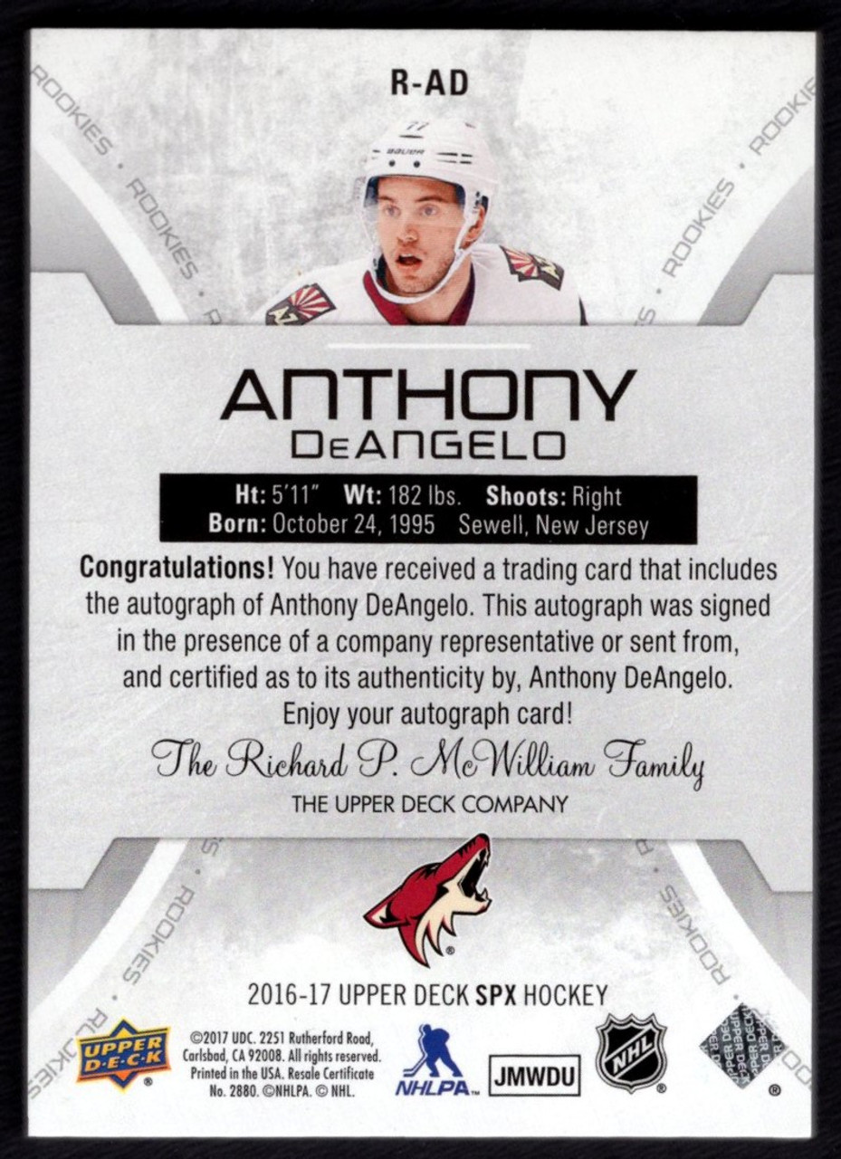 2016-17 Upper Deck SPX #R-AD Anthony DeAngelo Rookie Autograph 075/165