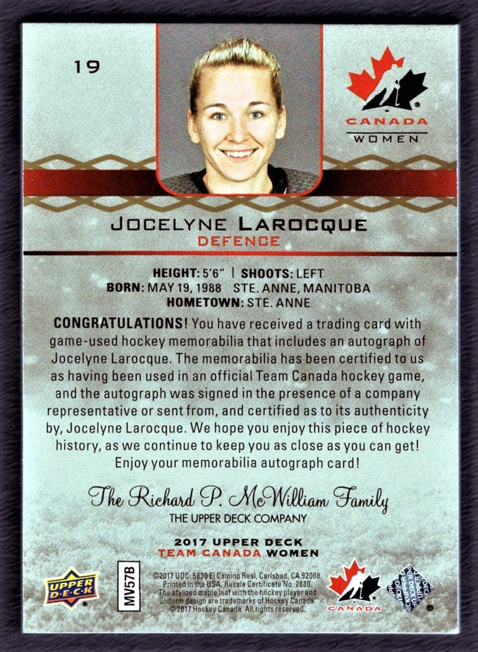 2017-18 Upper Deck Team Canada Juniors Jocelyne Larocque Jersey Auto 074/199