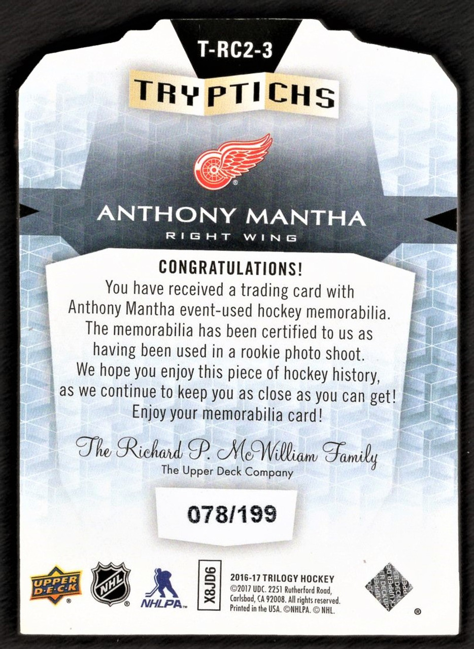 2016-17 Upper Deck Trilogy #T-RC2-3 Anthony Mantha Tryptichs Rookie Die Cut Jersey Relic 078/199