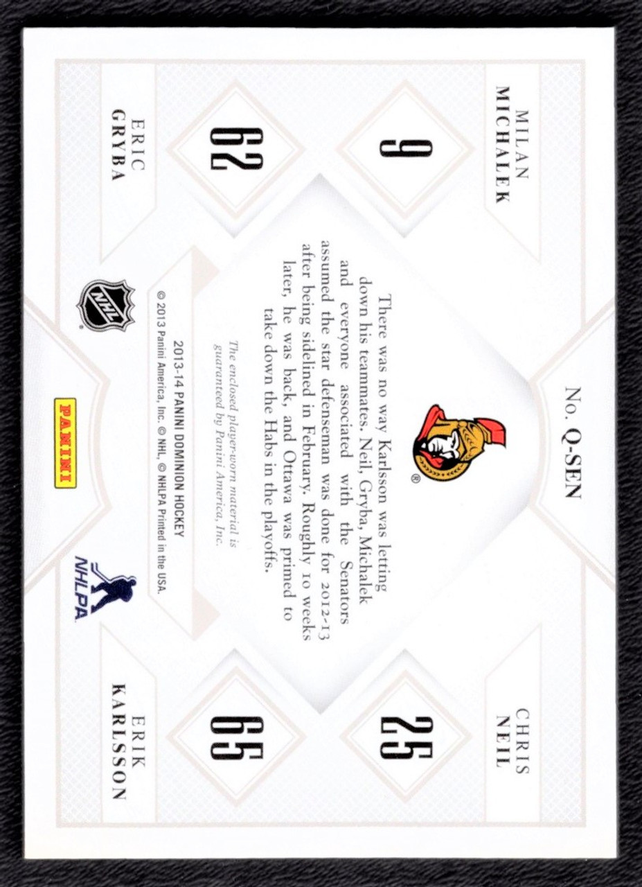 2013-14 Panini Dominion #Q-SEN Milan Michalek / Eric Gryba / Chris Neil / Erik Karlsson Quad Game Used Jersey Relic 26/50