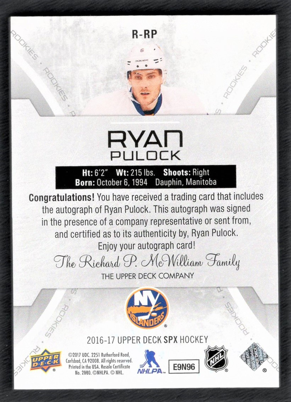 2016-17 Upper Deck SPX #R-RP Ryan Pulock Rookie Autograph 014/165