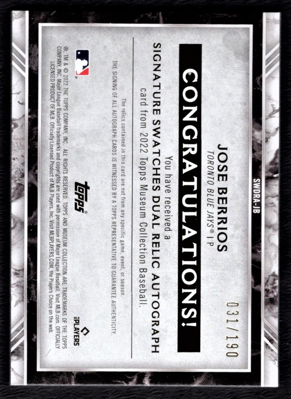 2022 Topps Museum #SWDRA-JB Jose Berrios Game Used Dual Jersey Relic Autograph 031/190