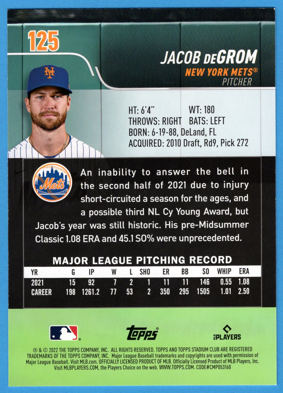 2022 Topps Stadium Club #125 Jacob DeGrom Oversized Base Topper (#3)