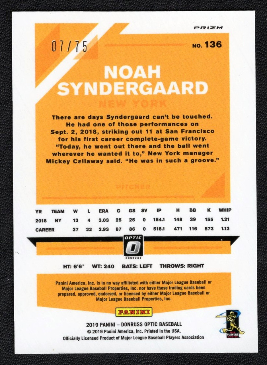 2019 Panini Donruss Optic #136 Noah Syndergaard Blue Prizm 07/75