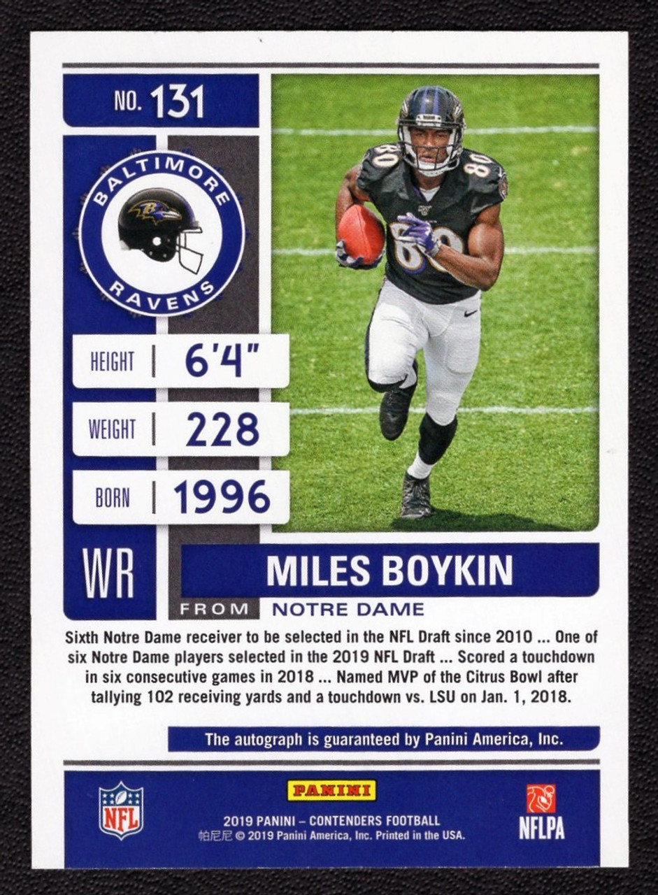 2019 Panini Contenders #131 Miles Boykin Rookie Ticket Cracked Ice Variation Autograph 23/23