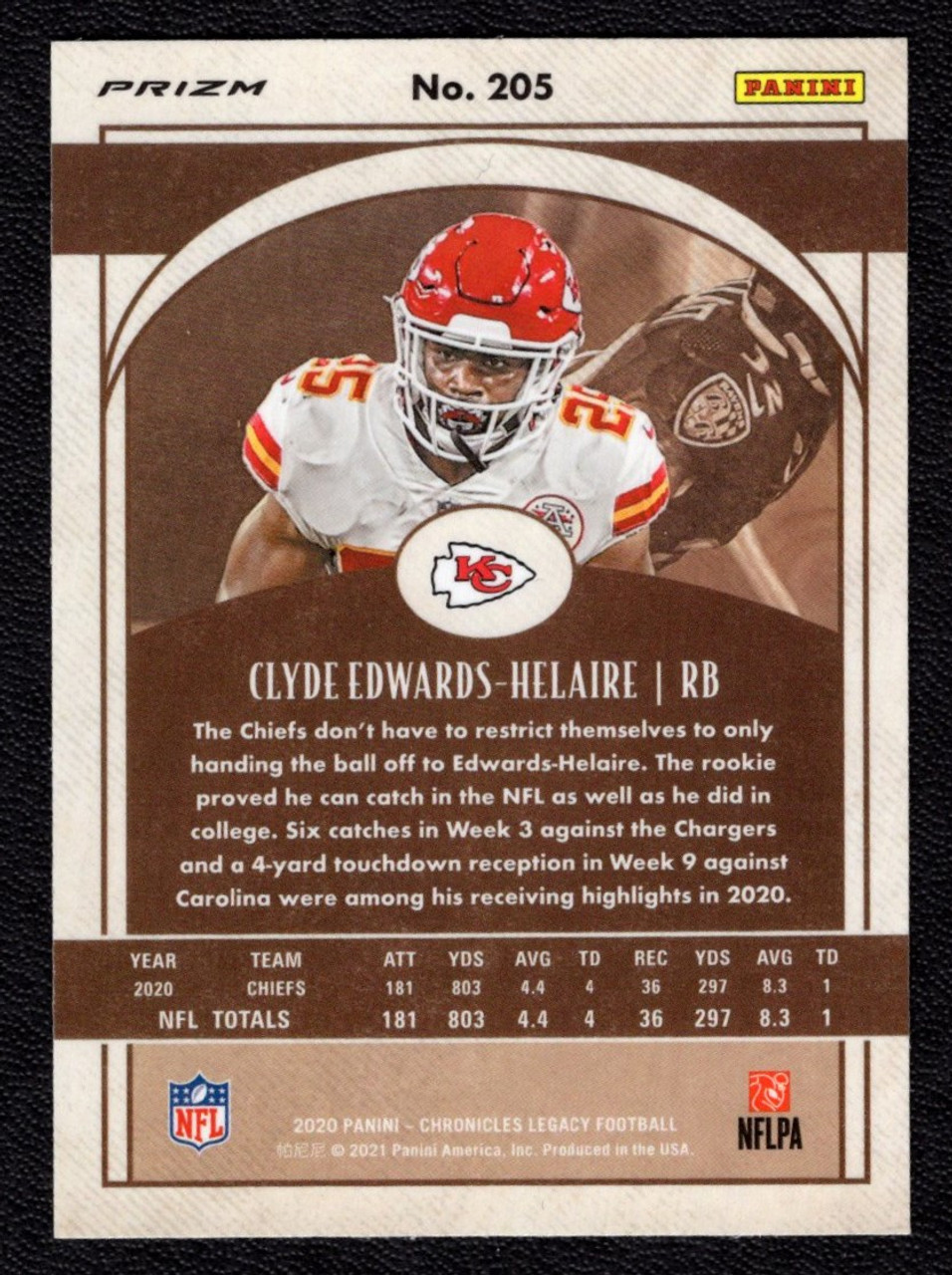 2020 Panini Legacy #205 Clyde Edwards-Helaire Silver Prizm Rookie/RC