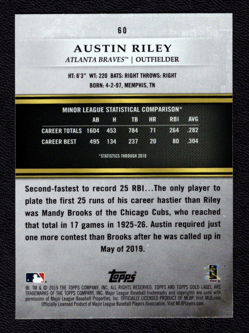 2019 Topps Gold Label #60 Austin Riley Class 1 Black Parallel