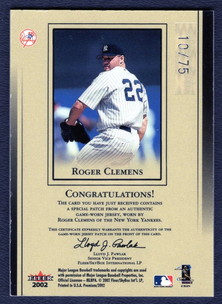 2002 Fleer Premium Roger Clemens Diamond Stars Game Worn Jersey Patch 10/75