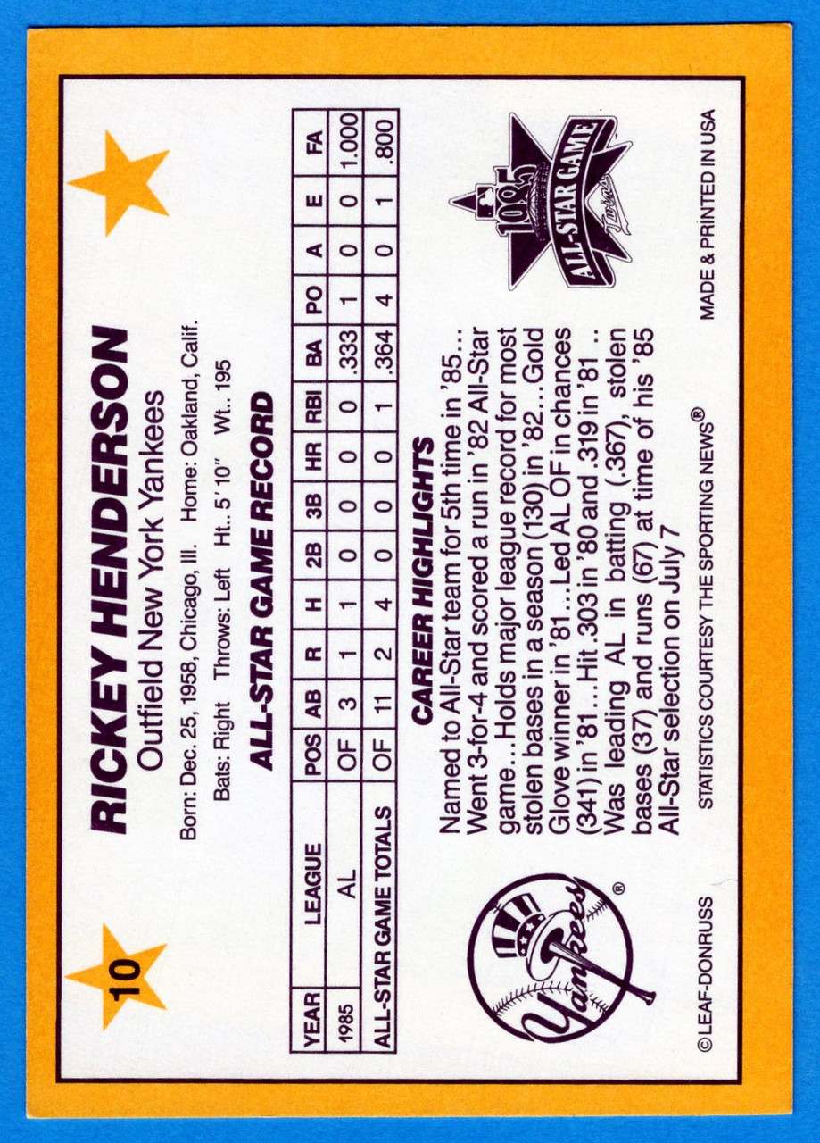 1986 Donruss All-Stars #10 Rickey Henderson (Oversized)