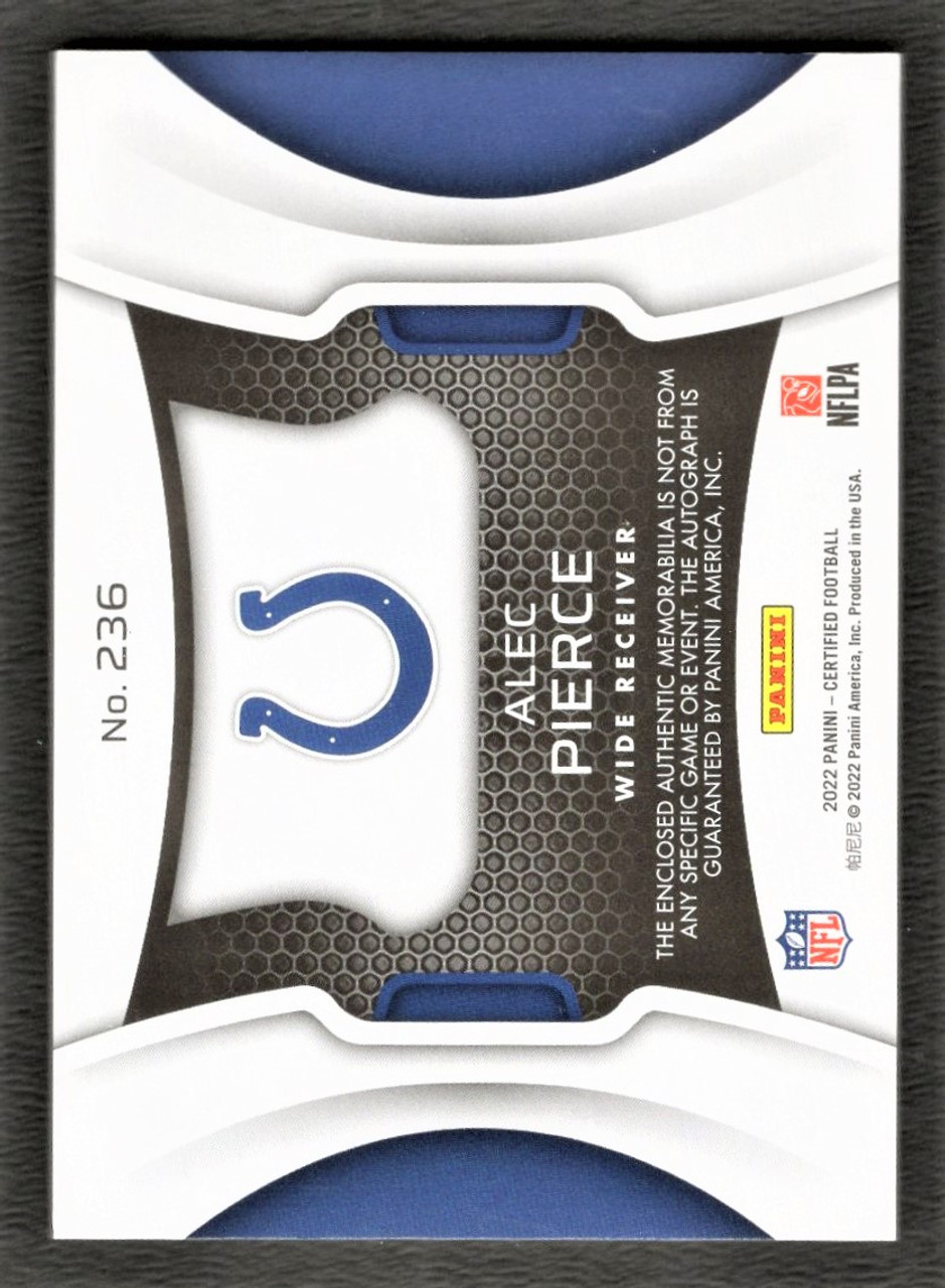 2022 Panini Certified #236 Alec Pierce Freshman Fabric Rookie Jersey Autograph 070/299