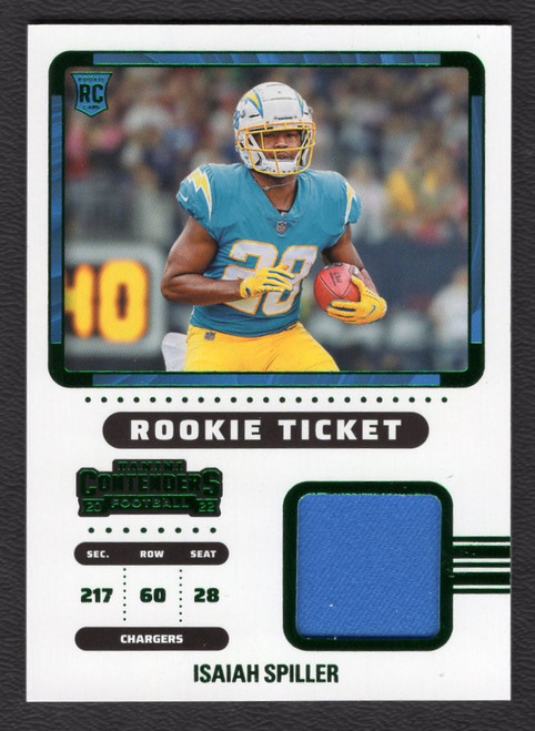 2022 Panini Contenders #RTS-ISP Isaiah Spiller Green Foil Rookie Ticket Jersey Relic