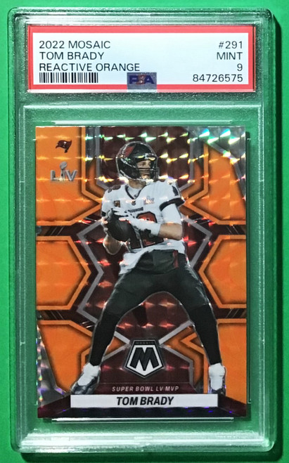 2022 Panini Mosaic #291 Tom Brady Super Bowl MVP Orange Reactive Prizm PSA 9 MINT