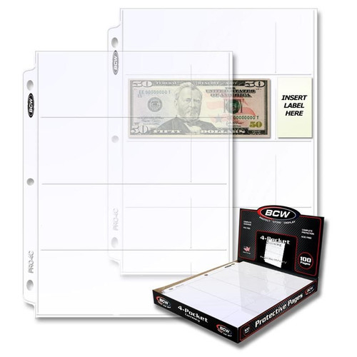 BCW Pro 4-Pocket Currency Page 100ct Box / Case of 10
