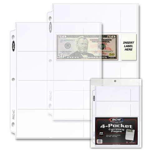 BCW Pro 4-Pocket Currency Page 20ct Pack / Case of 25