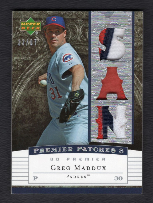 Greg Maddux baseball card player worn jersey patch (Atlanta