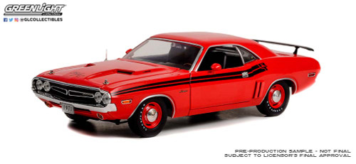 1971 Dodge Challenger R/T - Bright Red with Black Stripes and Dog Dish Wheels - 1:18 Diecast Model Car by Greenlight Collectibles