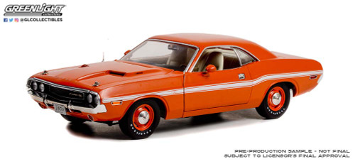 1970 Dodge Challenger R/T - Go Mango with White Stripes and Dog Dish Wheels -1:18 Diecast Model Car by Greenlight Collectibles 