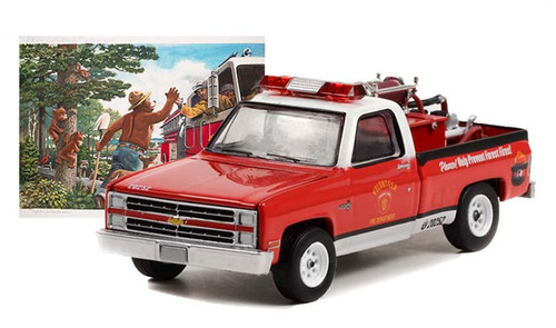 1984 Chevrolet C20 Custom Deluxe Pickup with Fire Equipment, Hose and Tank "Please! Help Prevent Forest Fires!" - Smokey Bear Series 1 -1:64 Model by Greenlight 